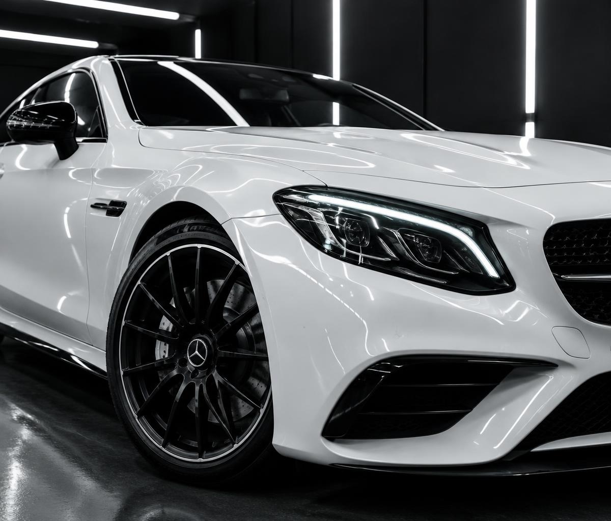 Valkoisen Mercedeksen viimeistelty ja suojattu maalipinta